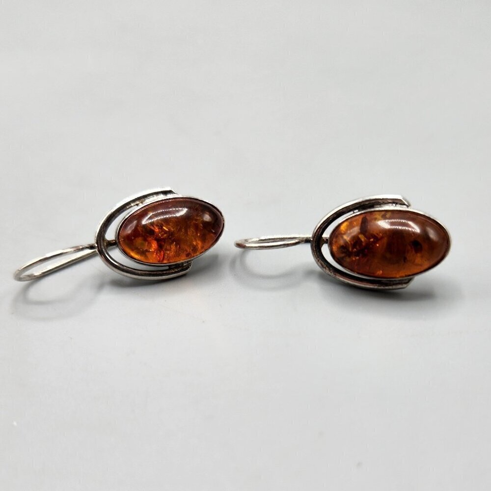 Oval Amber Drop Earrings on Sterling Silver Setting - Picture 2 of 11